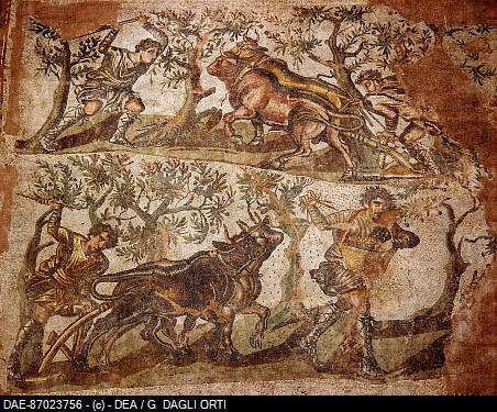 Roman civilization, 1–2 CE, Algeria (Roman Numidia), mosaic with rural scenesm. Caesarea, Cherchell, Musée Archéologique.