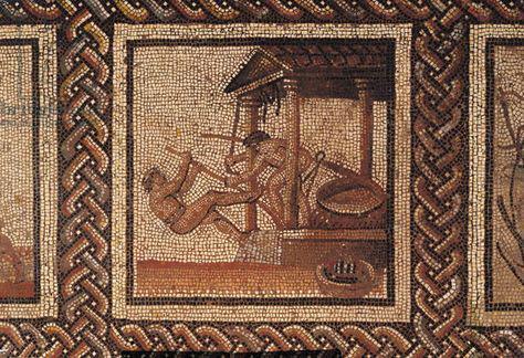 Olive pressing (mosaic), originally from Saint-Romain-en-Gal, Roman, 3 AD, Musee des Antiquites Nationales, St. Germain-en-Laye, France.